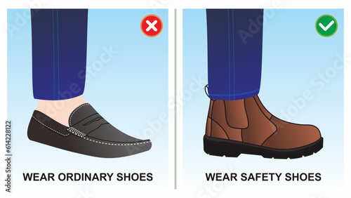 Workplace safety do's and dont's vector illustration. Awareness banner and poster design. Wear ordinary vs safety shoes. Unsafe work condition and act.