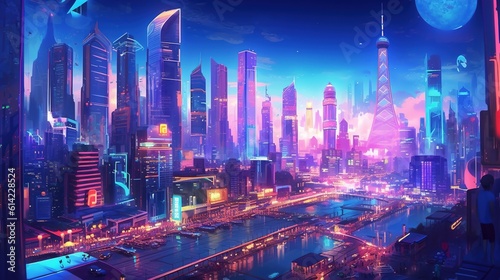 A nighttime cityscape in the modern day. Illustration of a metropolitan skyline with neon lit skyscrapers and buildings on the seashore. core commercial district of the city. Generative AI © Svfotoroom