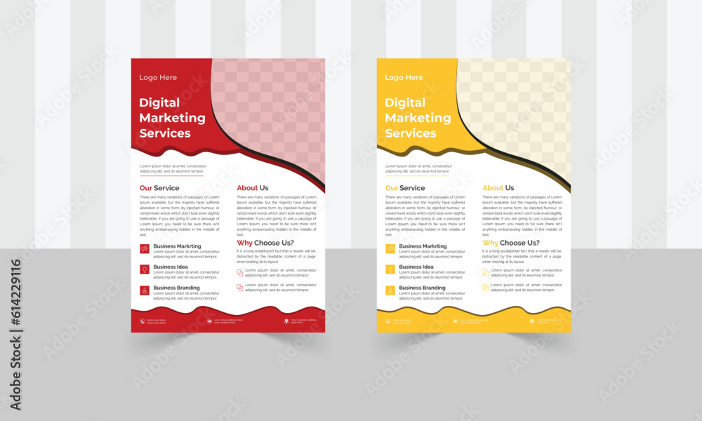modern business two design flyer corporate template, abstract and company business flyer, and creative design. company flyer and editable vector template design. flyer in A4 with red and yellow color