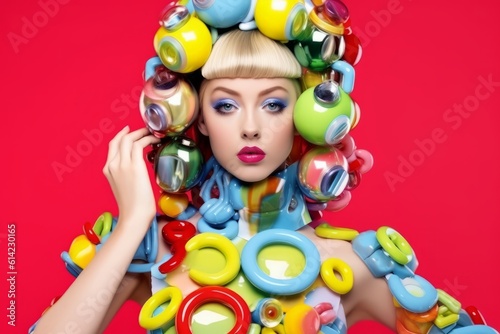 Illustration of a woman wearing a colourful hat and dress made with plastic toys. created by Generative AI created with Generative AI technology