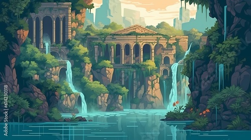 Ruins of an Ancient Civilization, Plants and Waterfalls, Fountains, Ancient Cities in the Mountains, Illustration flat, Generative Ai