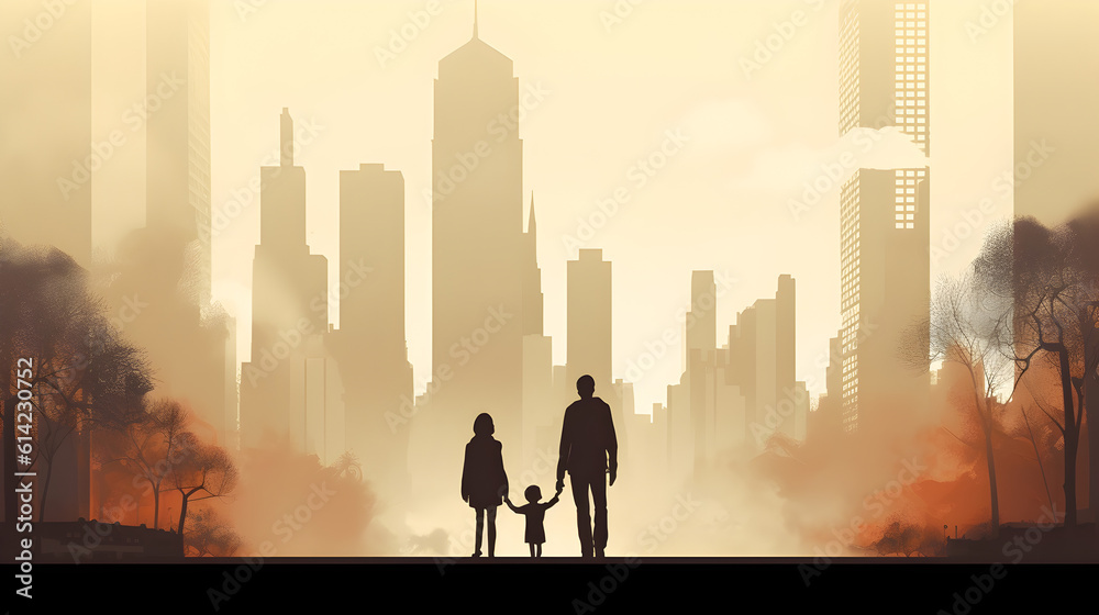 Warm toned City Wanderers: Silhouette of People Walking in the Iconic Urban Landscape Warm toned City Wanderers: Silhouette of People Walking in the Iconic Urban Landscape