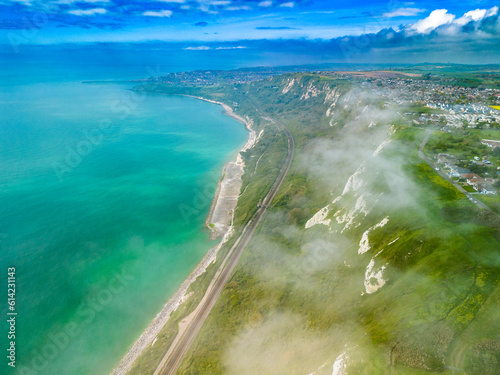 Scenic aerial drone view of Samphire Hoe Country Park cliffs, Dover, south England