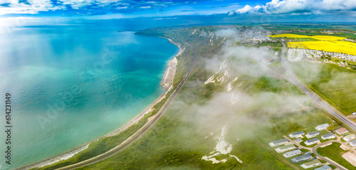 Scenic aerial drone view of Samphire Hoe Country Park cliffs, Dover, south England