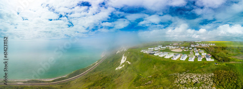 Scenic aerial drone view of Samphire Hoe Country Park cliffs, Dover, south England