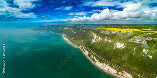 Scenic aerial drone view of Samphire Hoe Country Park cliffs, Dover, south England photo