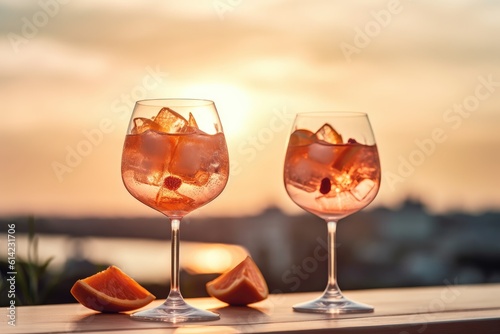 Ice cold aperitif beverages like spritz cocktails or gin tonics dispelled in front of the setting sun