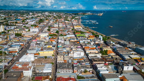 Aerial Drone Fly Above Santarém City Brazil, Tapajós and Amazon River Waterfront, Cityscape in Pará State