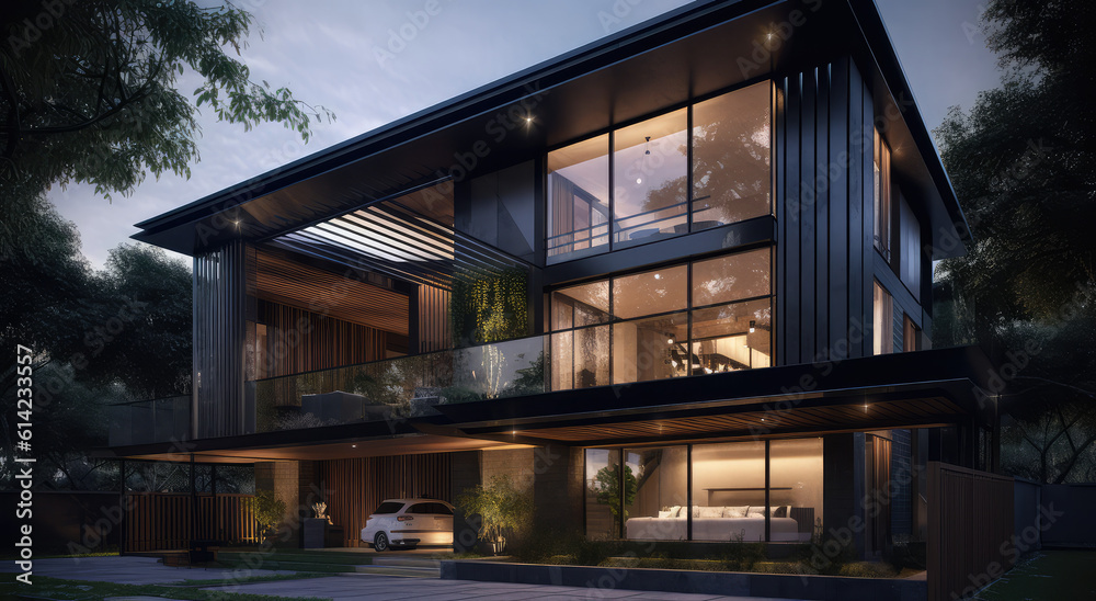 modern house design design, in the style of vray tracing, steel/iron frame construction, generative AI