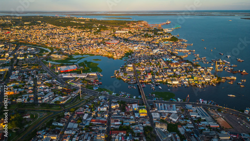 Aerial cityscape of Manaus Amazon state Brazil with amazon rainforest and rio river amazonia drone above skyline 
