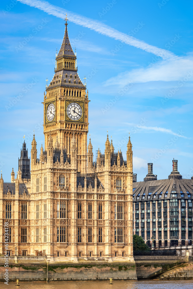 View to Big Ben tower in London with copy space in sky