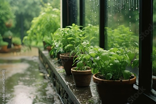 Potted plants with garden herbs on the outside windowsill in rainy weather