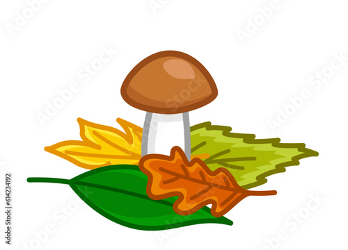 Boletus, porcini in fall leaves. Autumn edible mushroom. Cartoon, vector