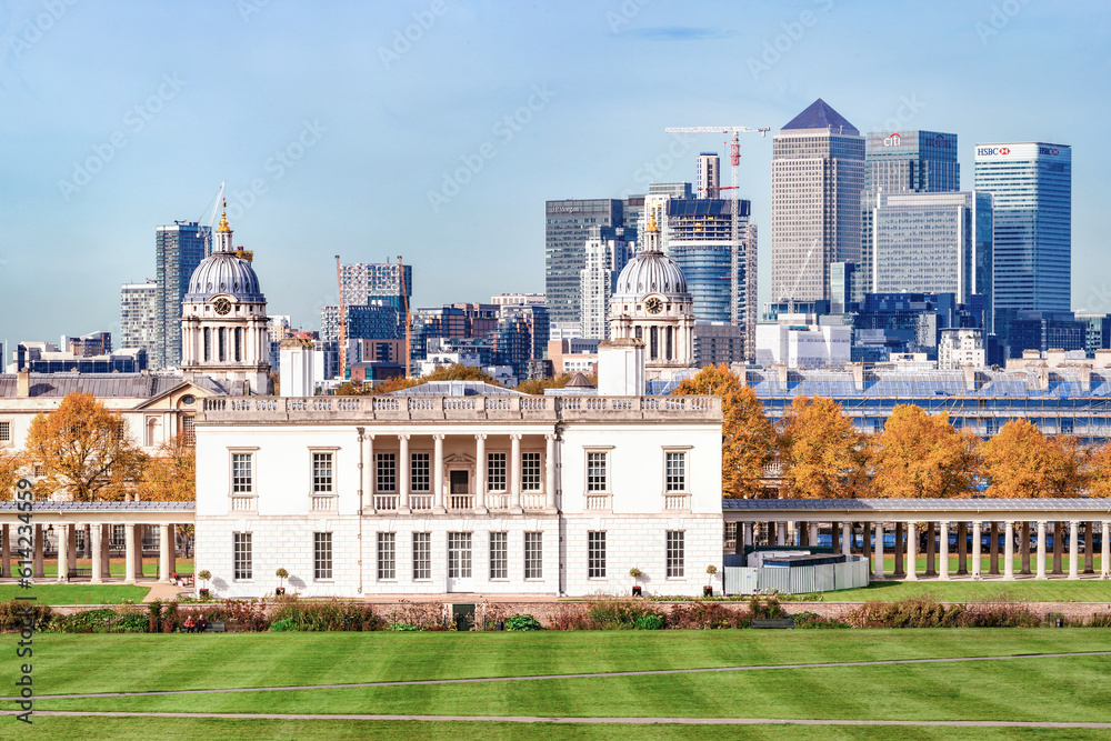 Autumn view of Greenwich park and Canary Wharf in London