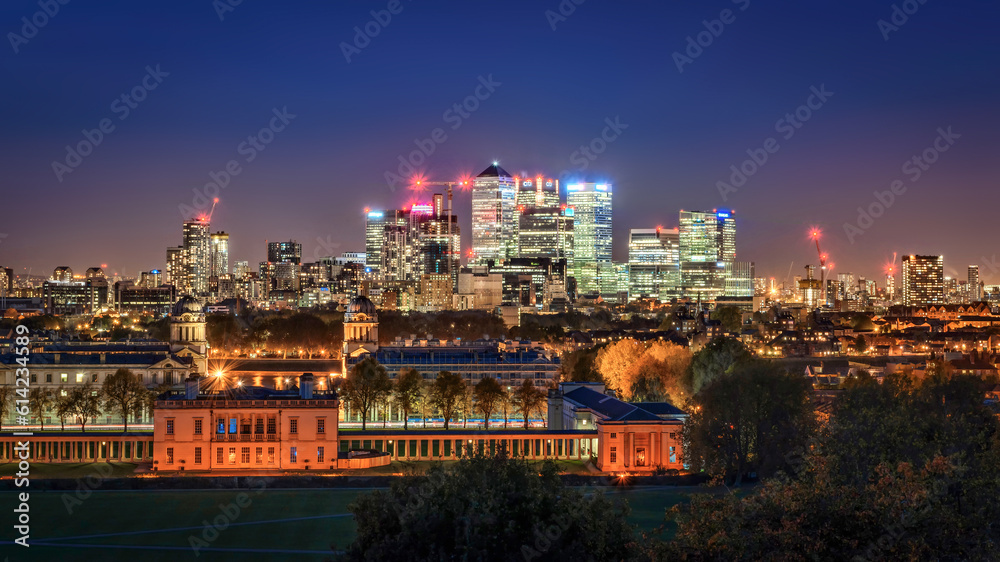 Night view to Greenwich and Canary Wharf in London