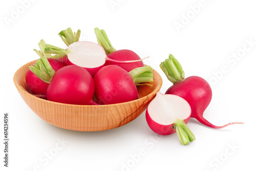 Radish with half in wooden bowl isolated on white background with full depth of field