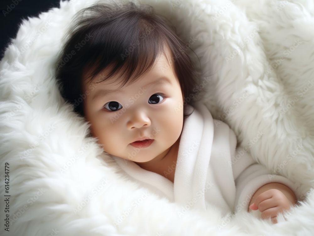 a very cute little asian baby kid wrapped in soft white blanket on a bed. image perfect for ads. big beautiful eyes and tiny nose. Generative AI a very cute little asian baby kid wrapped in soft white blanket on a bed. image perfect for ads. big beautiful eyes and tiny nose. Generative AI