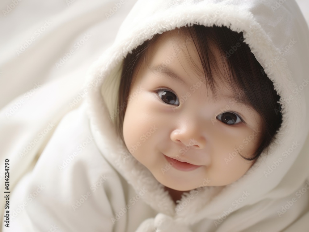 a very cute little asian baby kid wrapped in soft white blanket and hood on a bed. image perfect for ads. big beautiful eyes and tiny nose. Generative AI a very cute little asian baby kid wrapped in soft white blanket and hood on a bed. image perfect for ads. big beautiful eyes and tiny nose. Generative AI