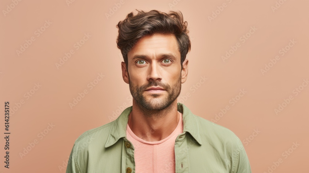 Portrait of a Young Man Wearing Casual Clothes and Smiling, Isolated on a plain background. Generative AI illustration. Portrait of a Young Man Wearing Casual Clothes and Smiling, Isolated on a plain background. Generative AI illustration.
