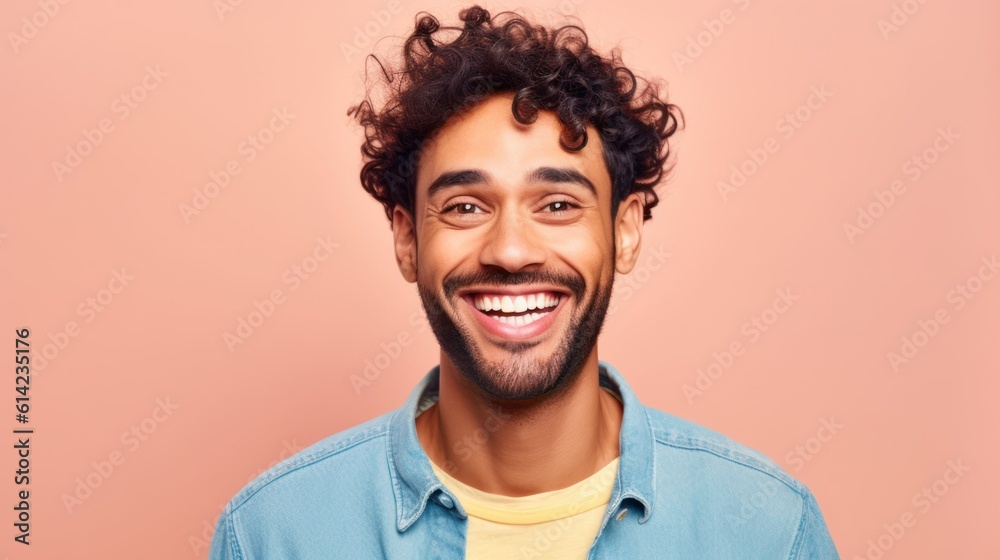 Portrait of a Young Man Wearing Casual Clothes and Smiling, Isolated on a plain background. Generative AI illustration.