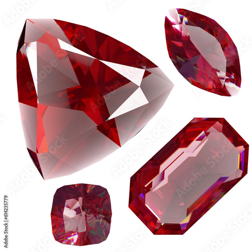 Set of realistic red jewels. Colorful red gemstones. Red rubies isolated