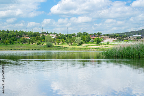 Lake view with cloudy blue sky. Emre Lake in Afyonkarahisar, Turkey.