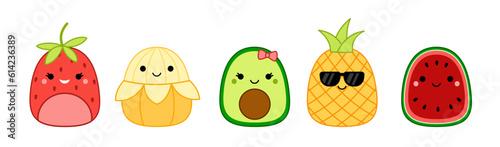 Fruits. Strawberry, banana, avocado, pineapple, watermelon Squishmallow Pillow Kawaii vector