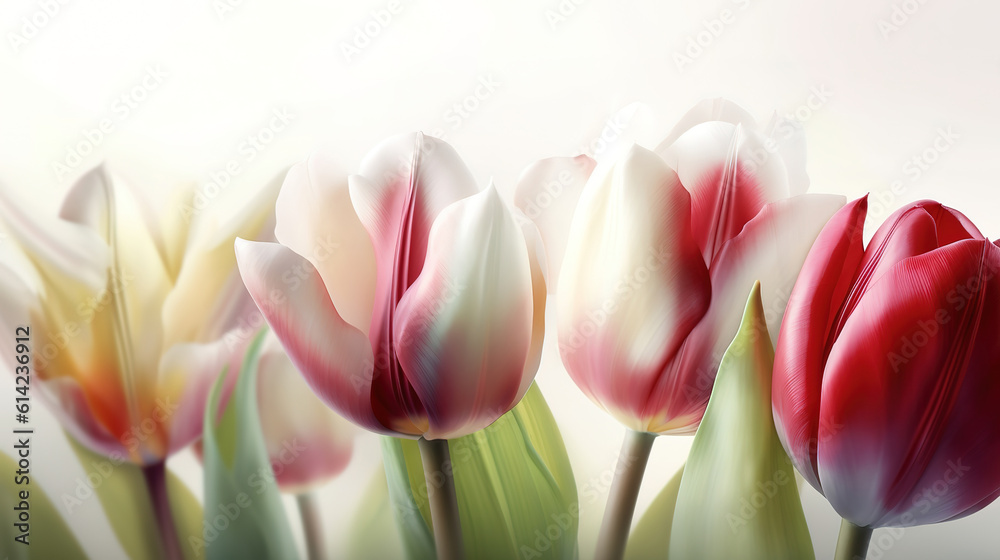 Fototapeta premium Bouquet of red tulips in field. Generative Ai