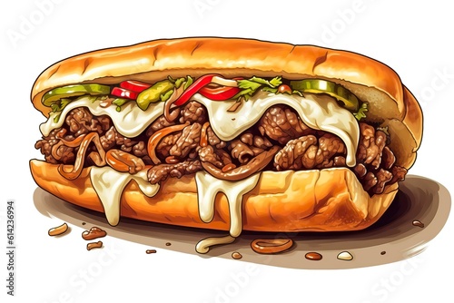 Philly cheesesteak Illustration. Food illustration. Generative AI
