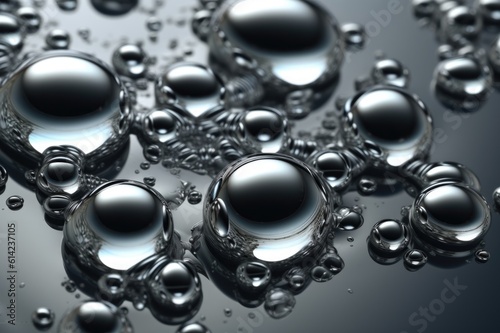 Clear water bubbles on grey background. Generative AI