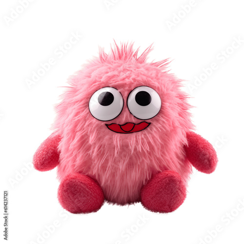 Soft plush fluffy toy funny pink monster isolated on the background. Generative AI.