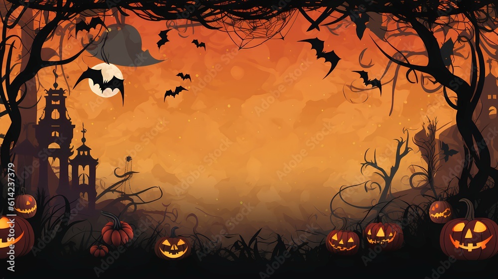 Halloween border background with creepy pumpkins and bats. Generative AI.