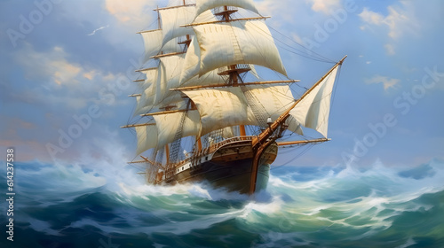 A wooden sailing ship gracefully cutting through the deep blue waves of the open ocean, with a clear sky