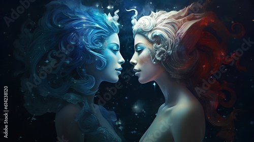Zodiac sign gemini in cosmic space. Two women in space. Generative AI.