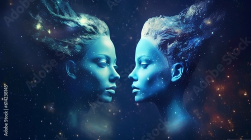 Zodiac sign gemini in cosmic space. Two women in space. Generative AI.