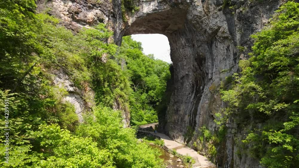 Natural Bridge Stone National Park in the Blue Ridge Mountains of Rockbridge County, Virginia Limestone Bridge Gorge. Shooting from a drone. Natural Bridge Stone National Park in the Blue Ridge Mountains of Rockbridge County, Virginia Limestone Bridge Gorge. Shooting from a drone.