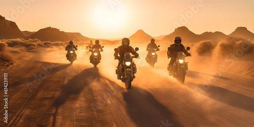 A swarm of motorcycles speeding through a desert landscape  kicking up clouds of dust  creating a thrilling and adventurous atmosphere