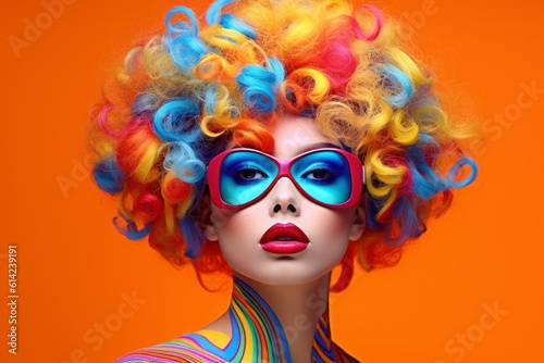 Illustration of a woman with vibrant rainbow hair and red and blue stylish sunglasses, on an orange background -created by Generative AI created with Generative AI technology © AI Visual Vault
