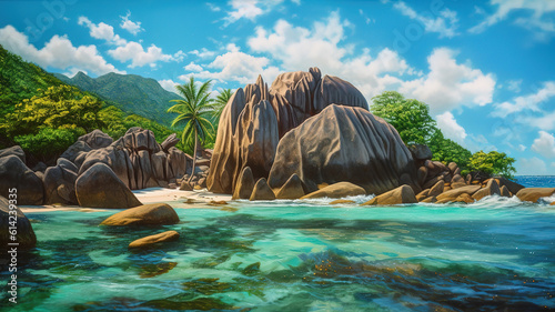 Tropical Paradise of Seychelles- Anse Source d'Argen. Generative Ai