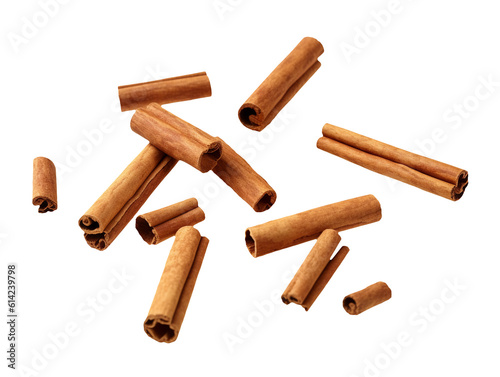 Photographie Falling cinnamon sticks isolated on transparent or white background, png