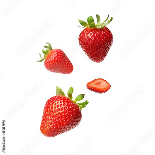 Falling strawberries isolated on transparent or white background, png © Medard