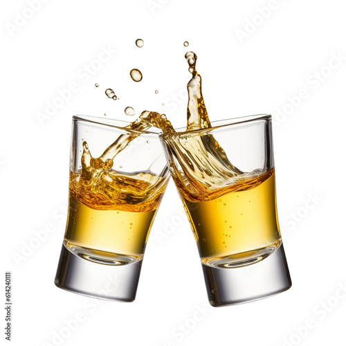 Glasses shot of tequila making toast with splash isolated on trasparent or white background, png