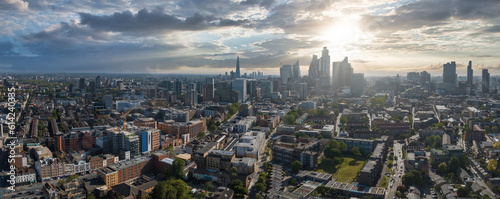 Panoramic aerial view of the city of London center with skyscraper buildings in the background. photo