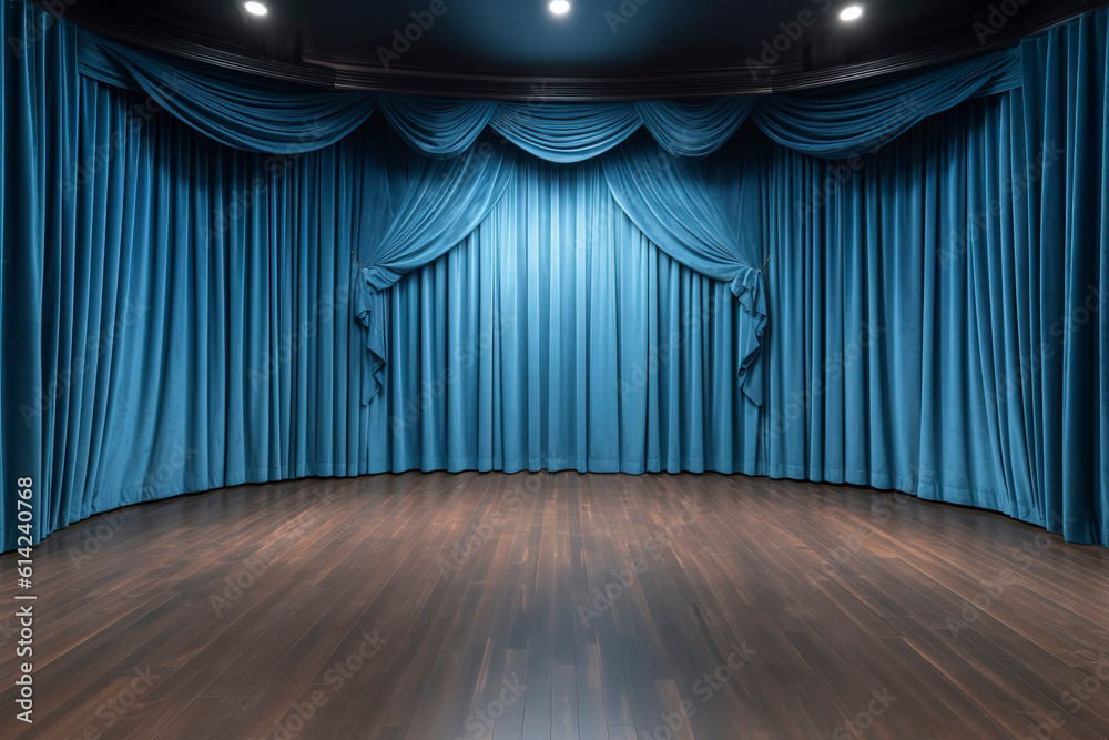Blue stage curtains velvet curtains and wooden stage floor.