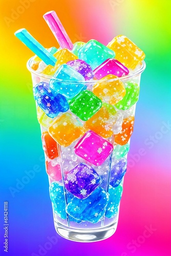 Colorful candies in a glass on a rainbow background. Close-up.