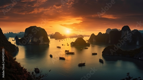 Tourist junks floating between limestone karsts and isles in Ha long Bay, Vietnam. Generative Ai