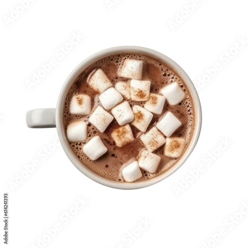Chocolate with marshmallow isolated on transparent background, hot beverage cup, top view, PNG,