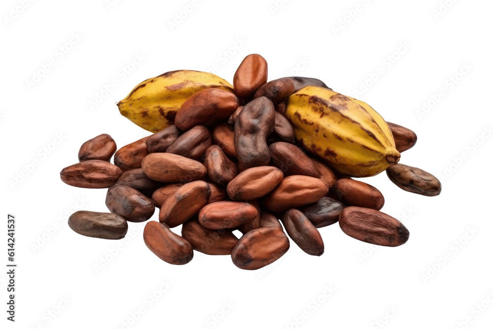 Obraz premium Cacao pods and beans pile isolated on transparent background, PNG