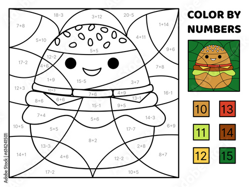 Burger. Cheeseburger. Solve the problem color the picture Addition Subtraction Coloring book
