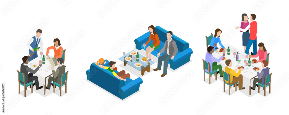3D Isometric Flat  Conceptual Illustration of Friends Dinner